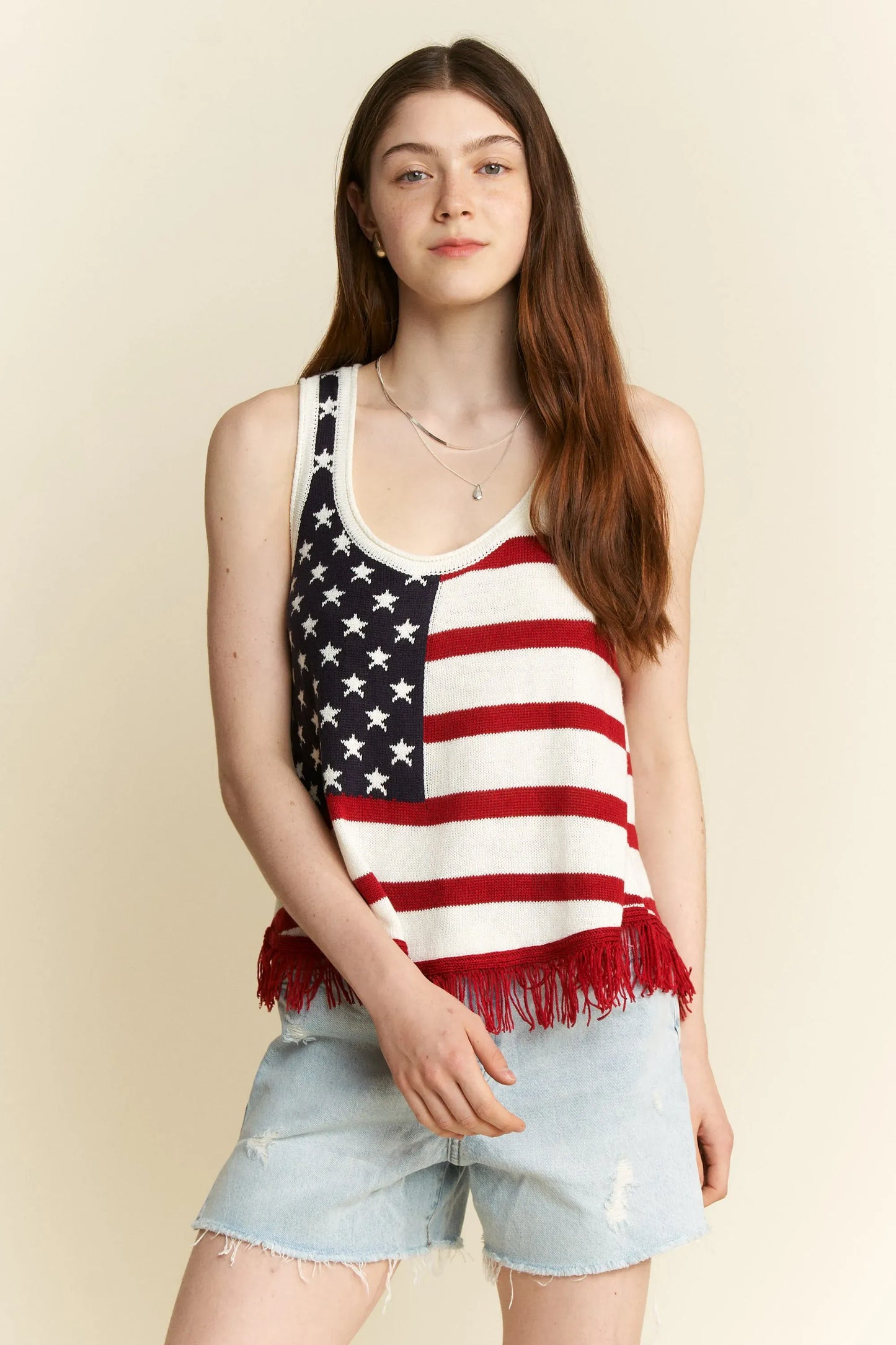Full Size American Flag Fringe Tank Top Plus Size - Maison Novaire