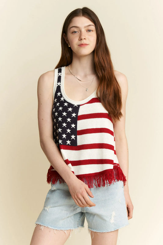 Full Size American Flag Fringe Tank Top Plus Size - Maison Novaire