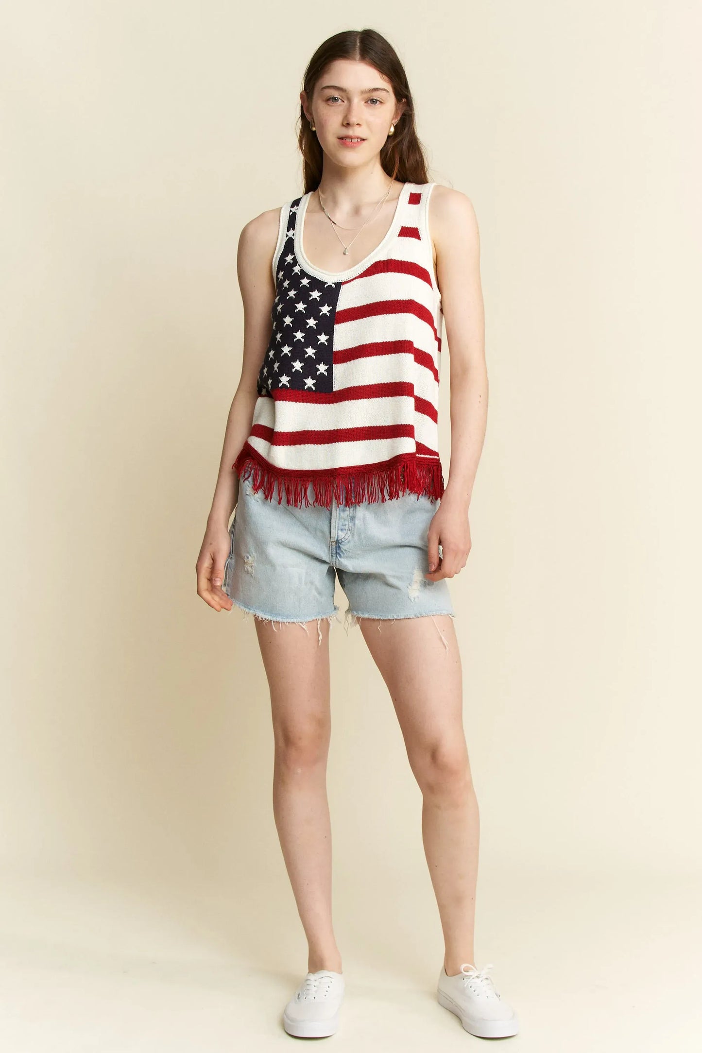 Full Size American Flag Fringe Tank Top Plus Size - Maison Novaire