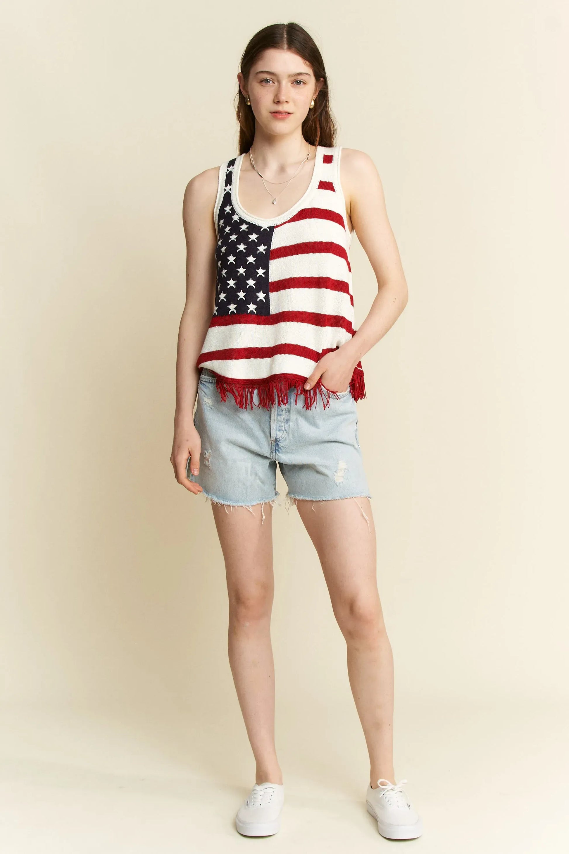 Full Size American Flag Fringe Tank Top Plus Size - Maison Novaire