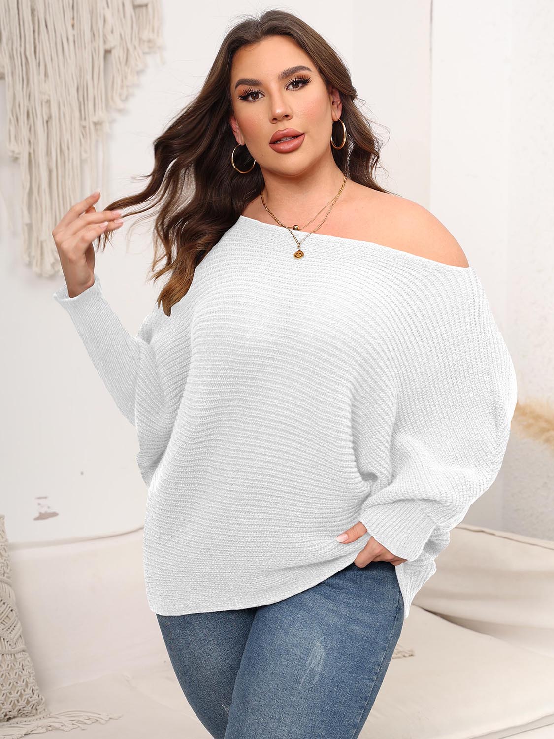 Full Size Boat Neck Batwing Sleeve Sweater. - Maison Novaire