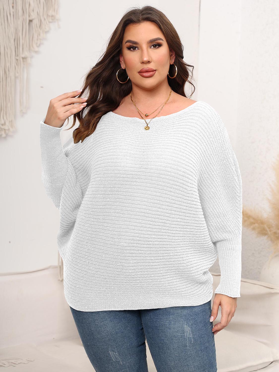 Full Size Boat Neck Batwing Sleeve Sweater. - Maison Novaire