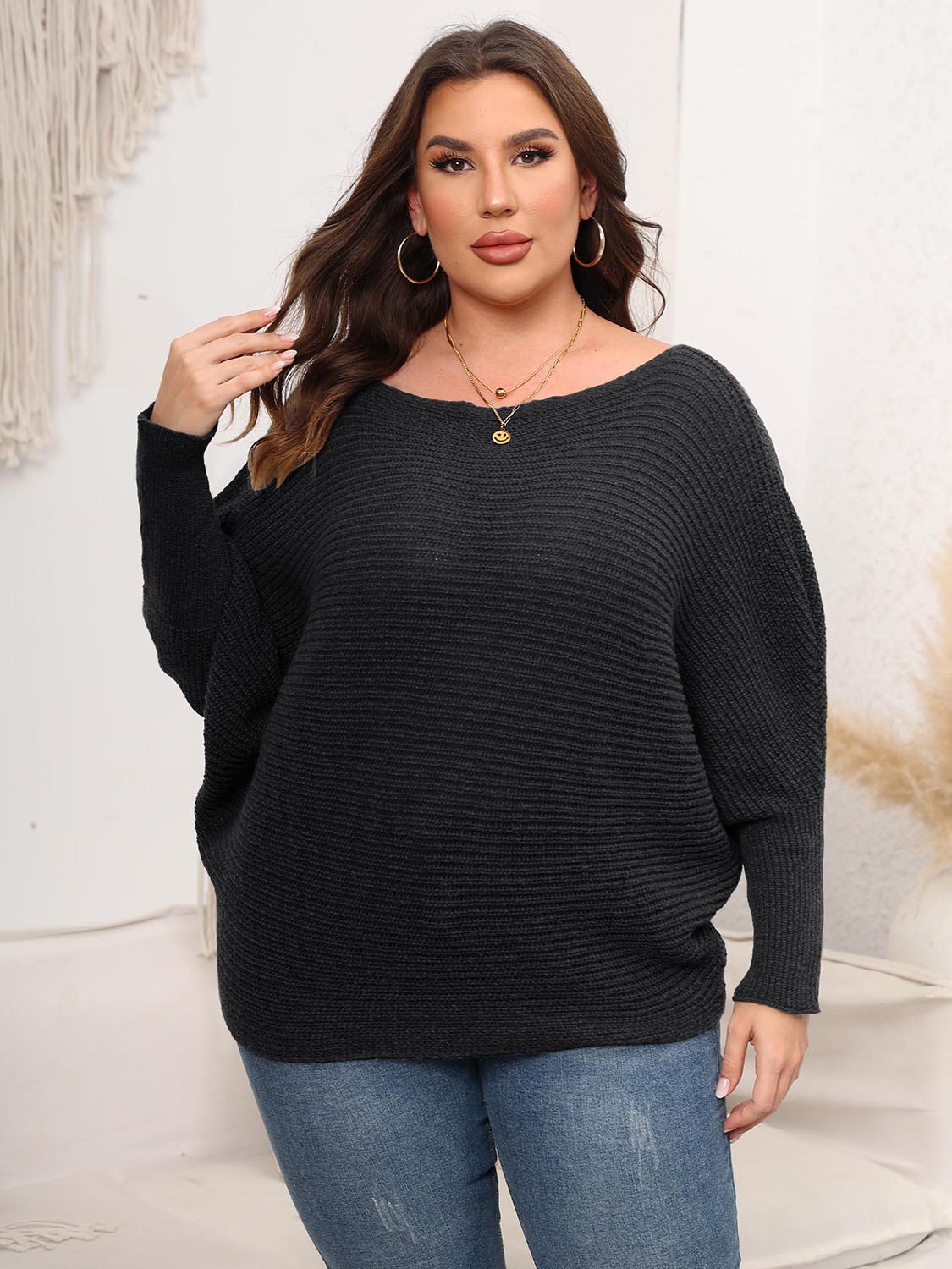 Full Size Boat Neck Batwing Sleeve Sweater. - Maison Novaire