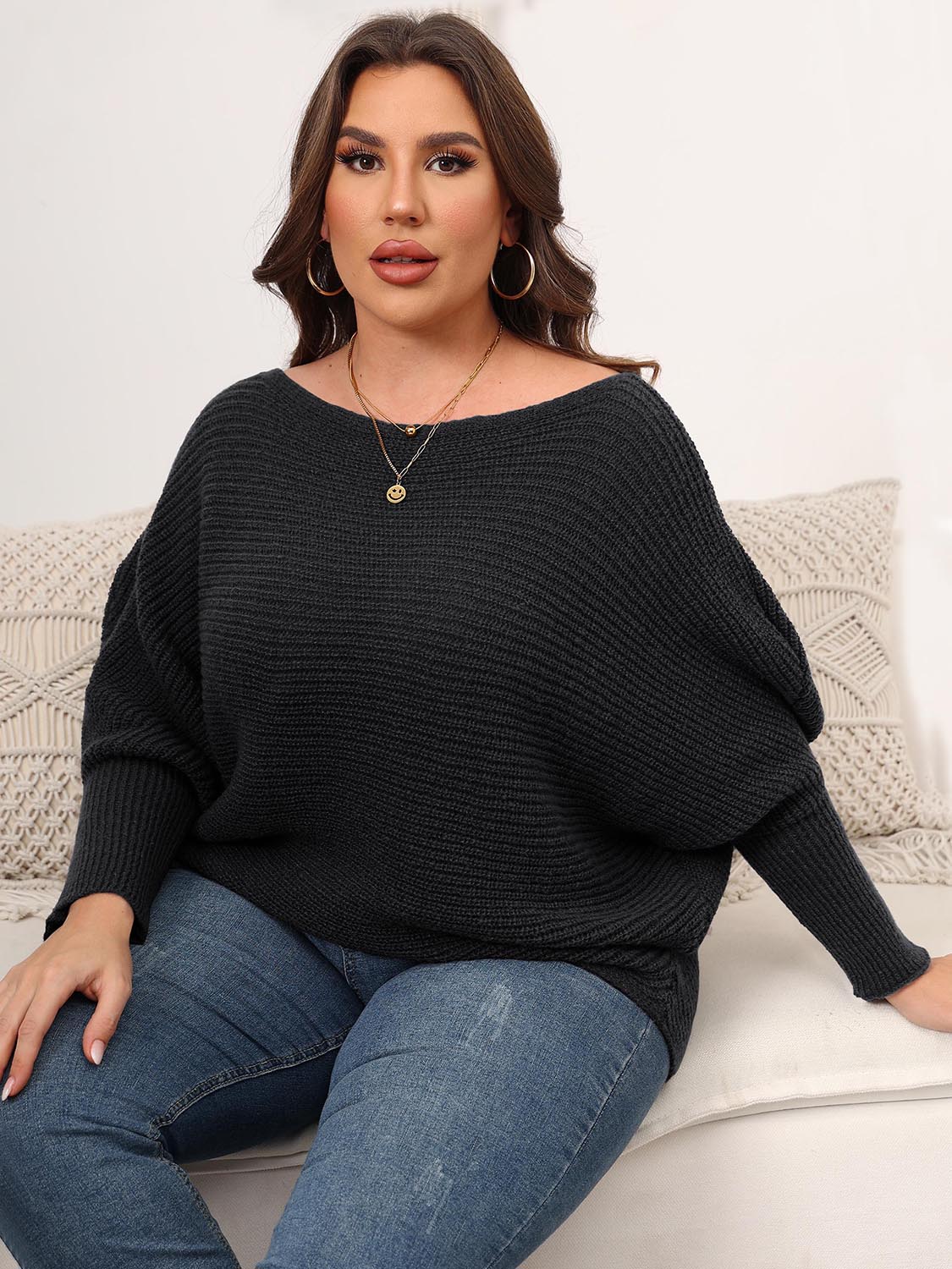 Full Size Boat Neck Batwing Sleeve Sweater. - Maison Novaire