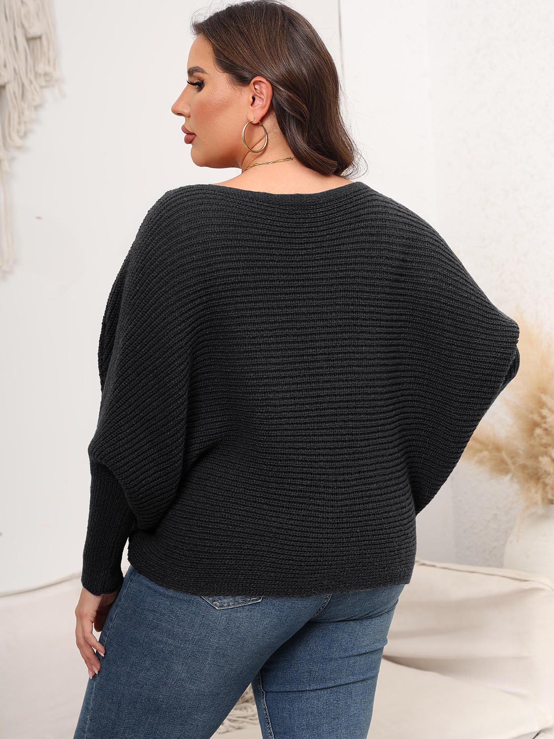 Full Size Boat Neck Batwing Sleeve Sweater. - Maison Novaire