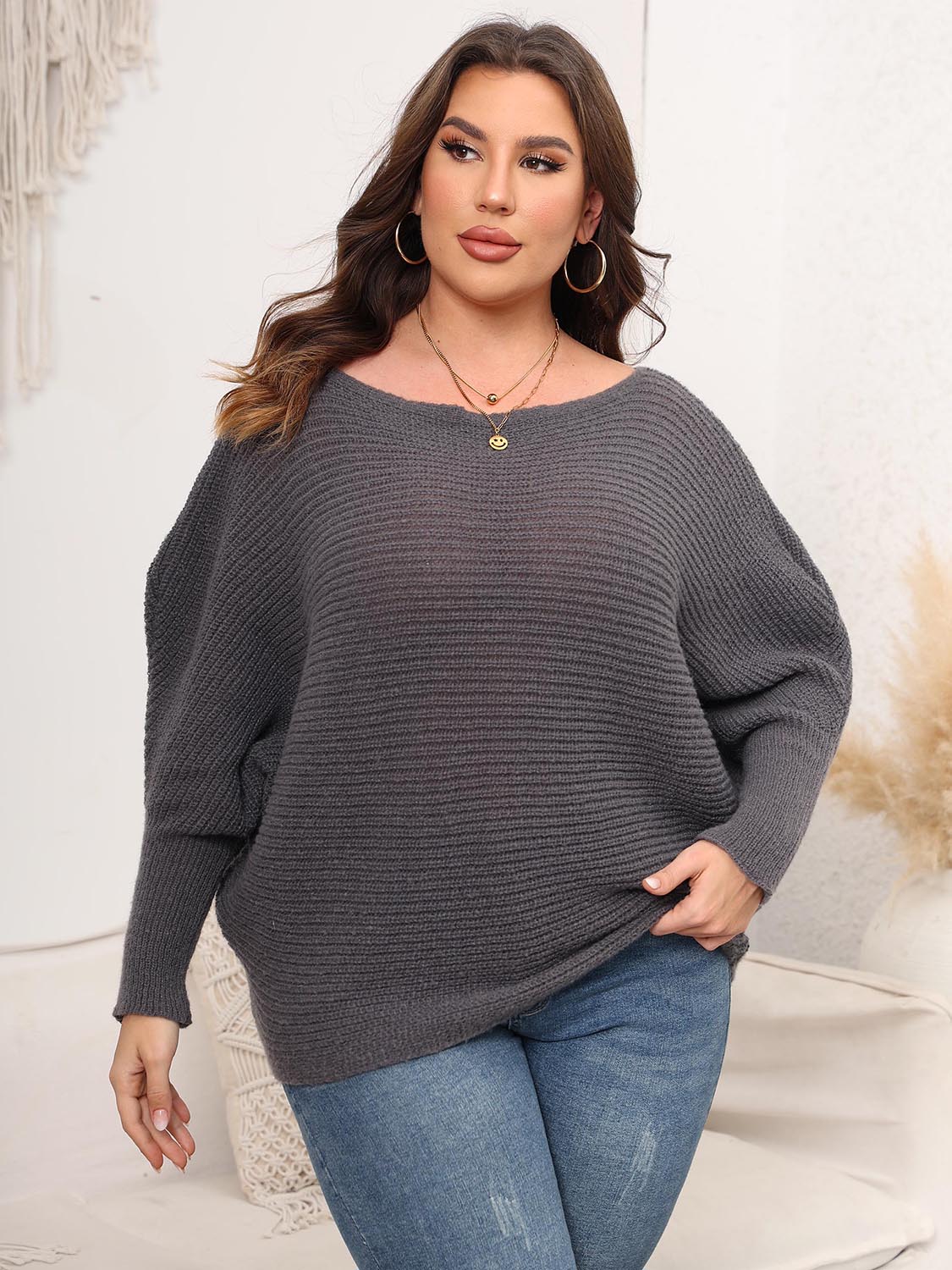 Full Size Boat Neck Batwing Sleeve Sweater. - Maison Novaire