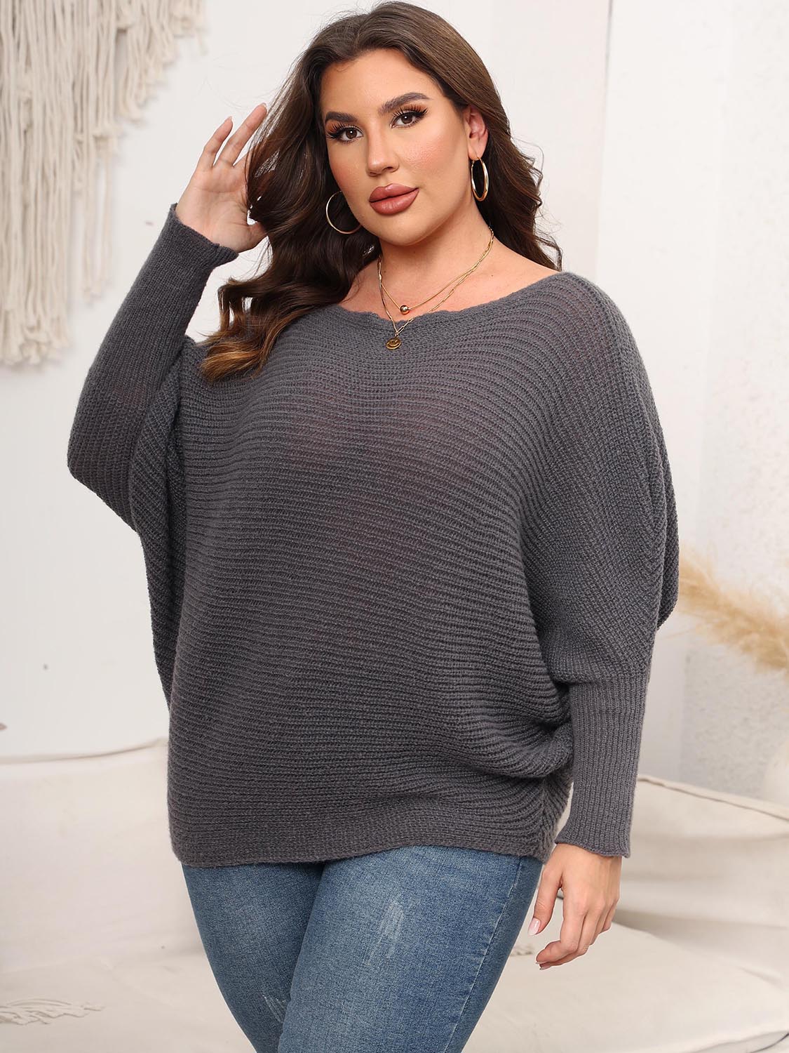 Full Size Boat Neck Batwing Sleeve Sweater. - Maison Novaire