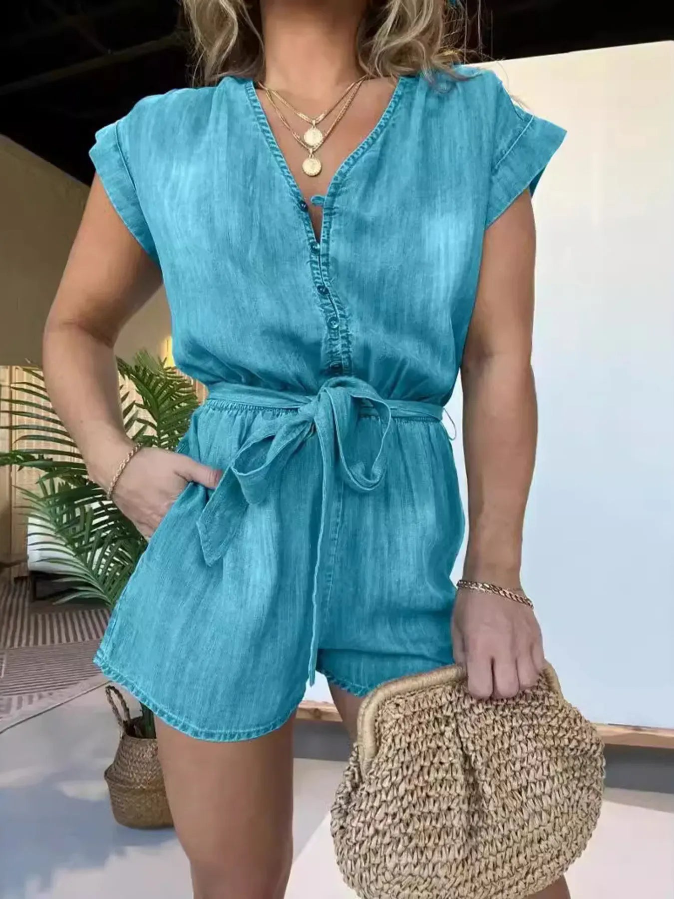 Full Size Waist Cap Sleeve Denim Romper Plus Size. - BLAKESTORE-NG