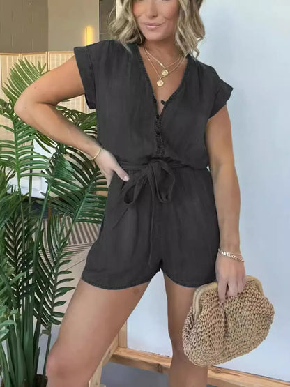 Full Size Waist Cap Sleeve Denim Romper Plus Size. - BLAKESTORE-NG
