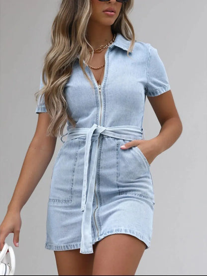 Full Size Zip Front Short Sleeve Denim Dress Plus Size. - Maison Novaire