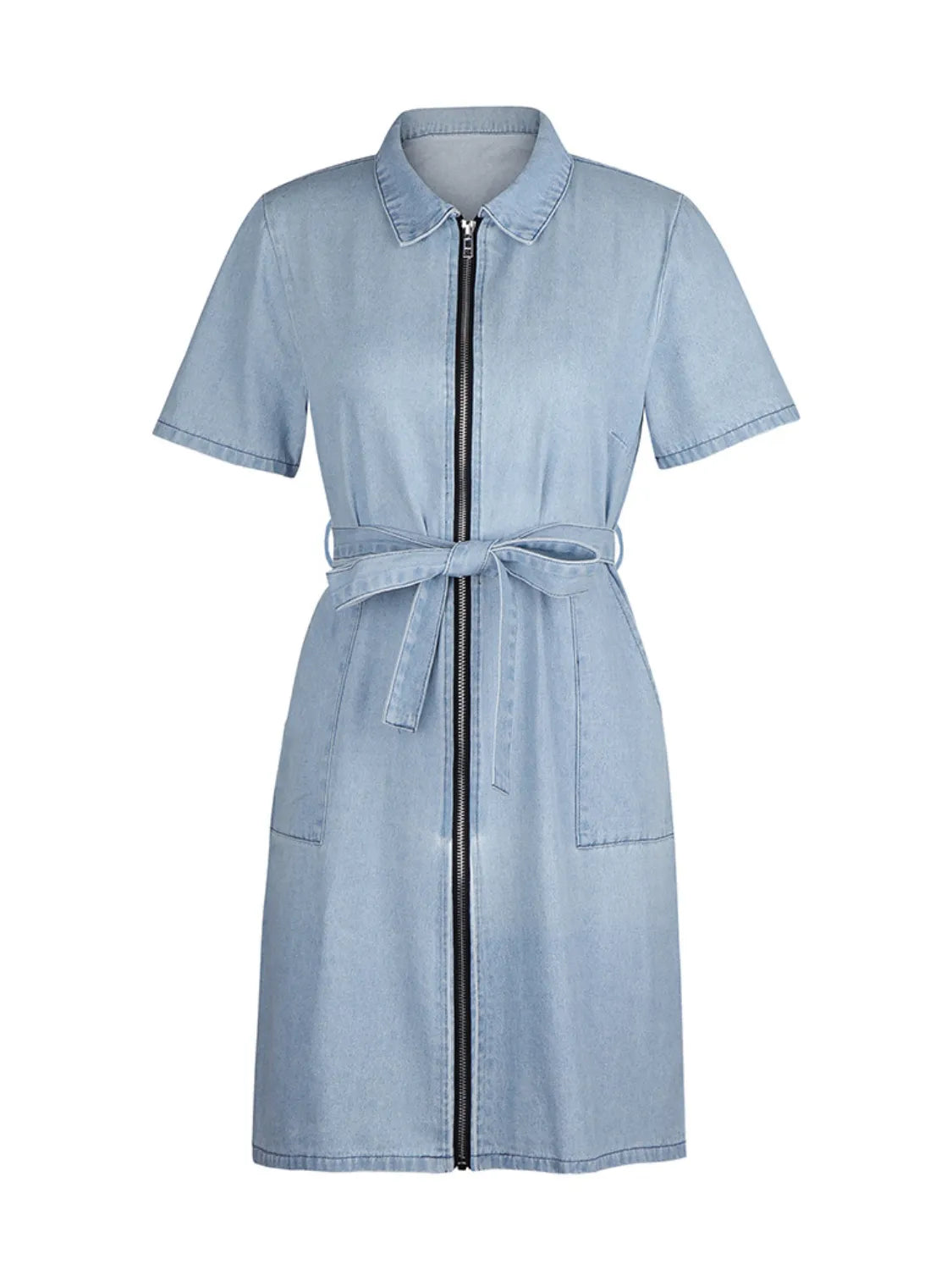 Full Size Zip Front Short Sleeve Denim Dress Plus Size. - Maison Novaire