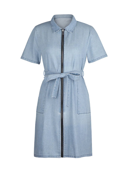 Full Size Zip Front Short Sleeve Denim Dress Plus Size. - Maison Novaire