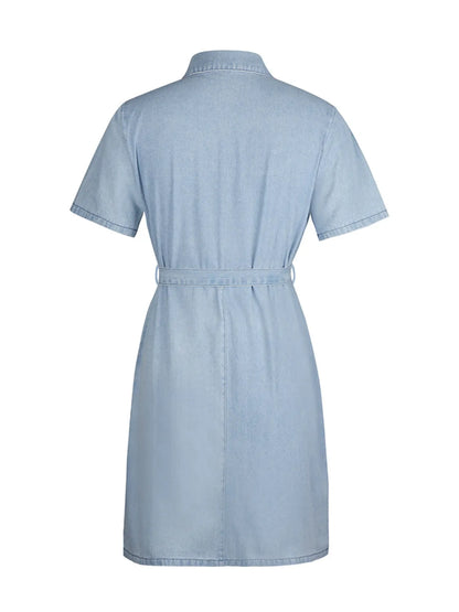 Full Size Zip Front Short Sleeve Denim Dress Plus Size. - Maison Novaire