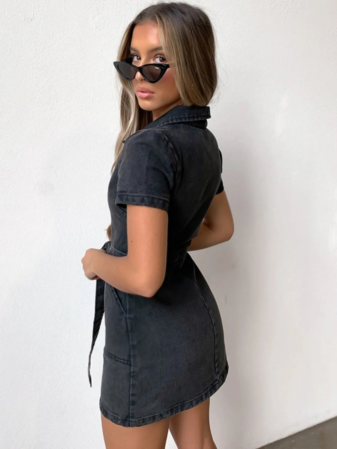 Full Size Zip Front Short Sleeve Denim Dress Plus Size. - Maison Novaire