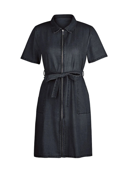 Full Size Zip Front Short Sleeve Denim Dress Plus Size. - Maison Novaire
