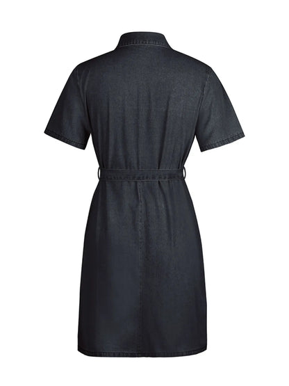 Full Size Zip Front Short Sleeve Denim Dress Plus Size. - Maison Novaire