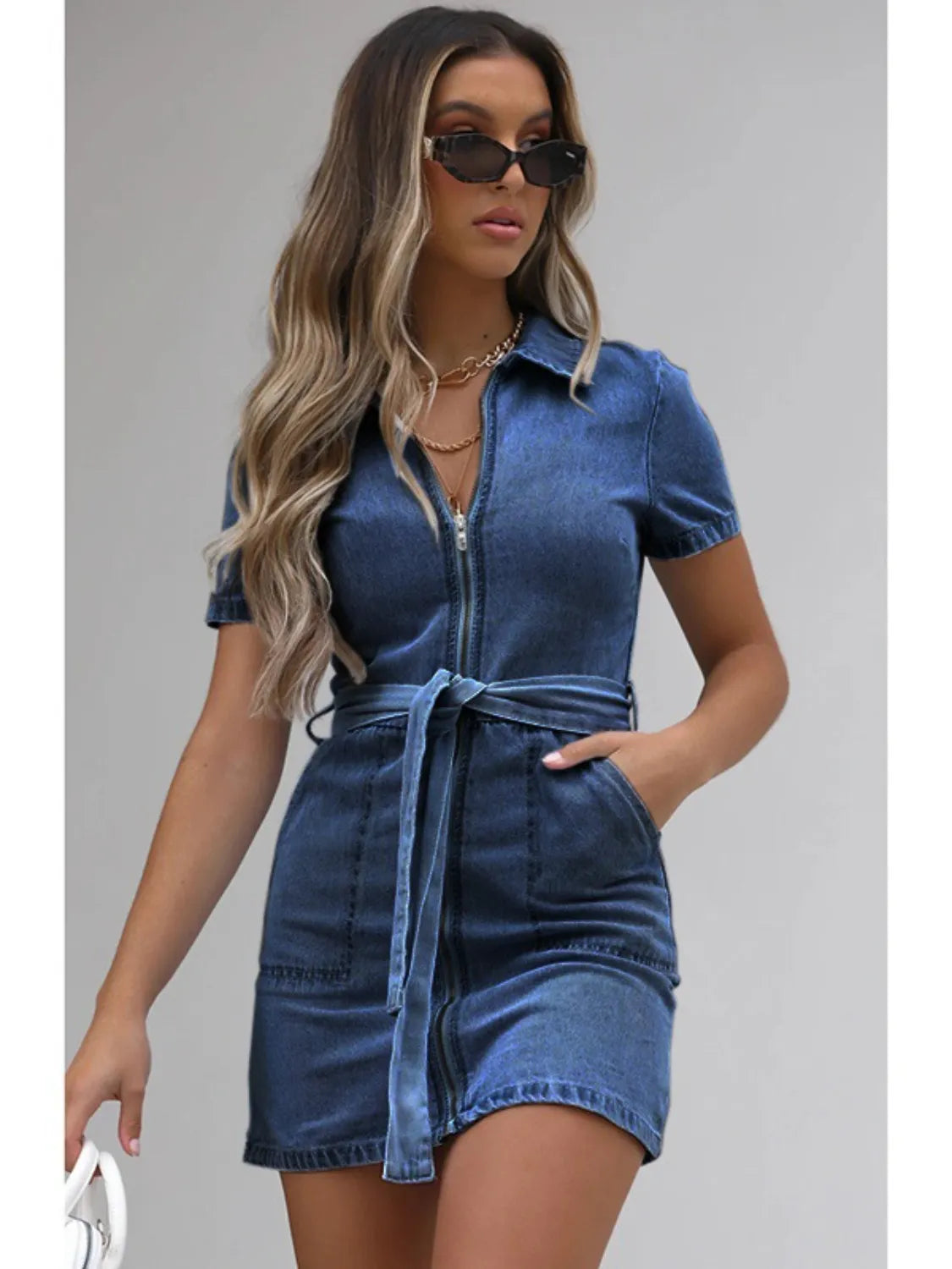 Full Size Zip Front Short Sleeve Denim Dress Plus Size. - Maison Novaire