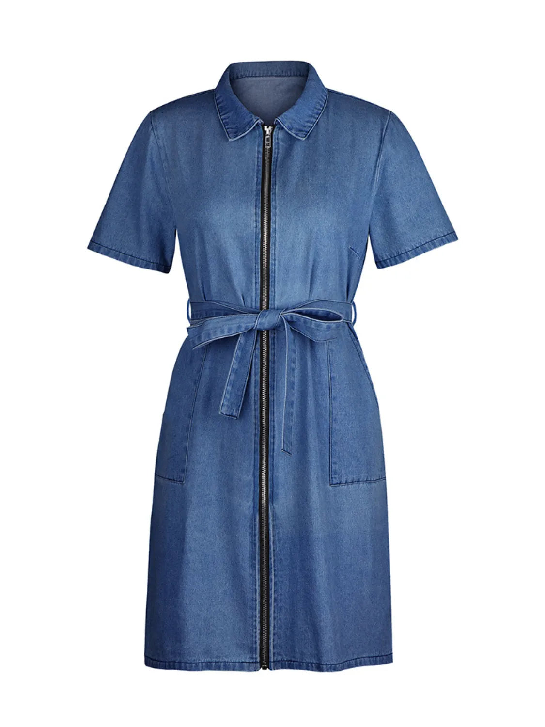 Full Size Zip Front Short Sleeve Denim Dress Plus Size. - Maison Novaire