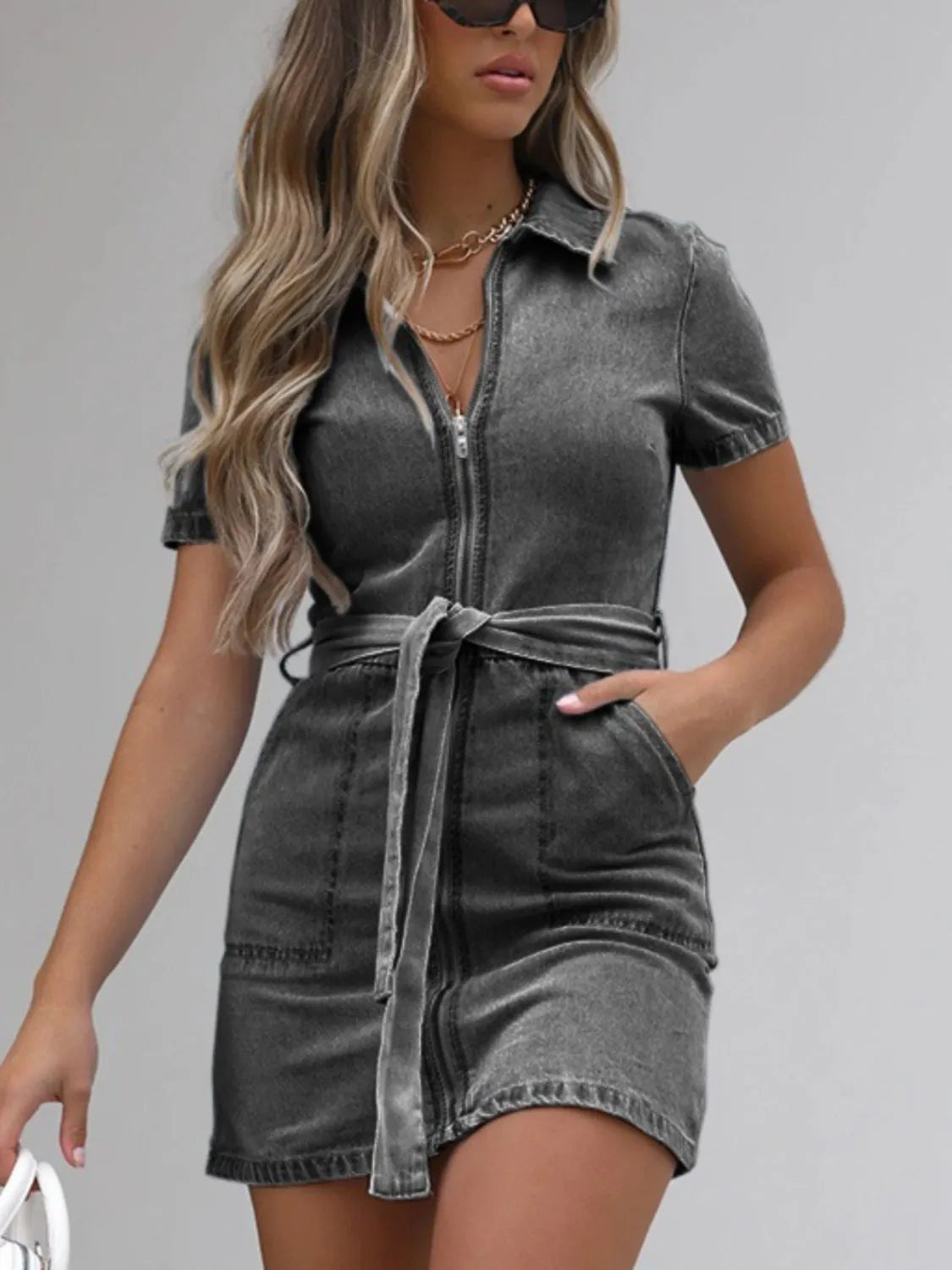 Full Size Zip Front Short Sleeve Denim Dress Plus Size. - Maison Novaire