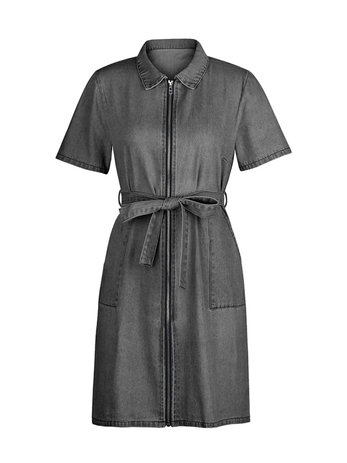 Full Size Zip Front Short Sleeve Denim Dress Plus Size. - Maison Novaire