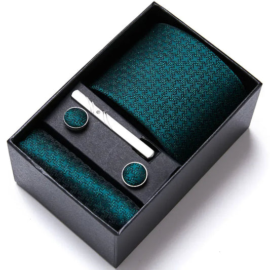 Green Necktie Set with Hanky Cufflinks & Tie Clip | 7.5cm Business Formal Tie Gift Box for Men Wedding Party - BLAKESTORE-NG