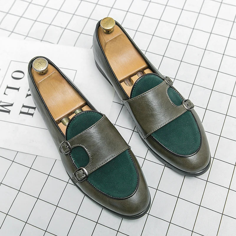 Green Shallow Loafers Double Buckle &nbsp;Men Fashion Shoes. - Maison Novaire #