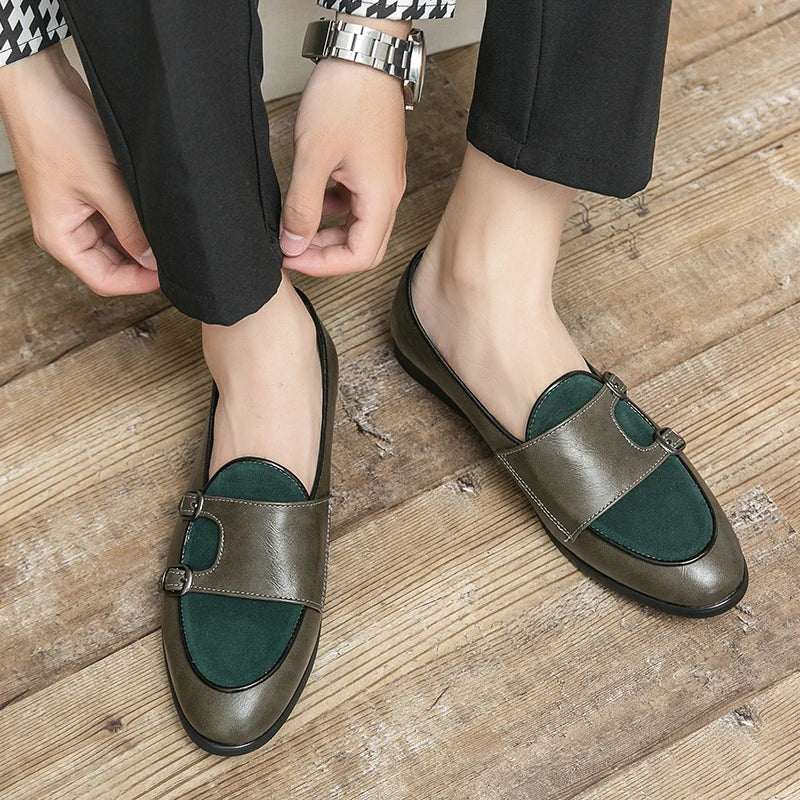 Green Shallow Loafers Double Buckle &nbsp;Men Fashion Shoes. - Maison Novaire #