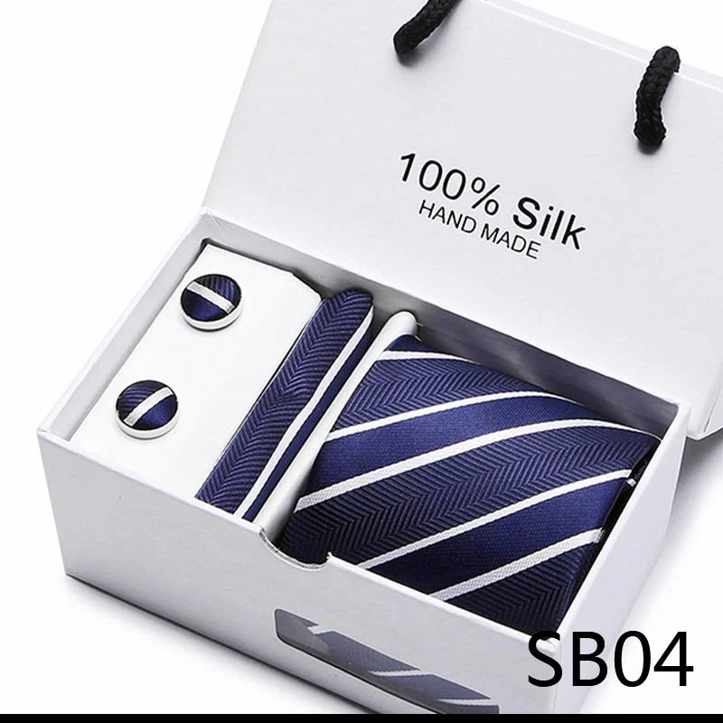 100% Silk Striped Floral Tie Set with Handkerchief | 7.5cm Men’s Luxury Necktie Gift Box for Wedding Business Party