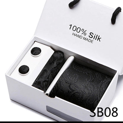 100% Silk Striped Floral Tie Set with Handkerchief | 7.5cm Men’s Luxury Necktie Gift Box for Wedding Business Party