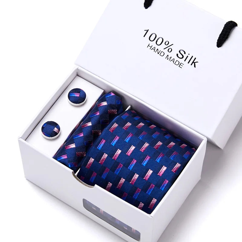 100% Silk Striped Floral Tie Set with Handkerchief | 7.5cm Men’s Luxury Necktie Gift Box for Wedding Business Party