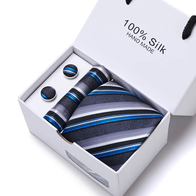 100% Silk Striped Floral Tie Set with Handkerchief | 7.5cm Men’s Luxury Necktie Gift Box for Wedding Business Party