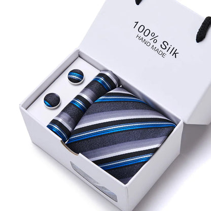 100% Silk Striped Floral Tie Set with Handkerchief | 7.5cm Men’s Luxury Necktie Gift Box for Wedding Business Party
