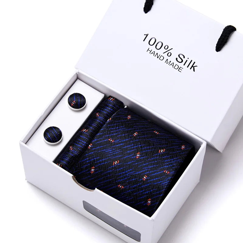 100% Silk Striped Floral Tie Set with Handkerchief | 7.5cm Men’s Luxury Necktie Gift Box for Wedding Business Party