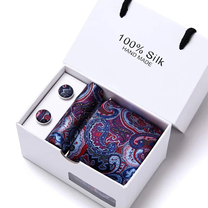 100% Silk Striped Floral Tie Set with Handkerchief | 7.5cm Men’s Luxury Necktie Gift Box for Wedding Business Party