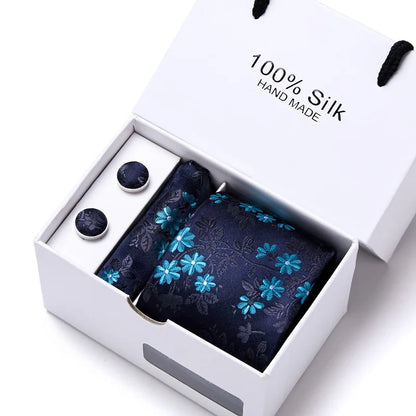 100% Silk Striped Floral Tie Set with Handkerchief | 7.5cm Men’s Luxury Necktie Gift Box for Wedding Business Party