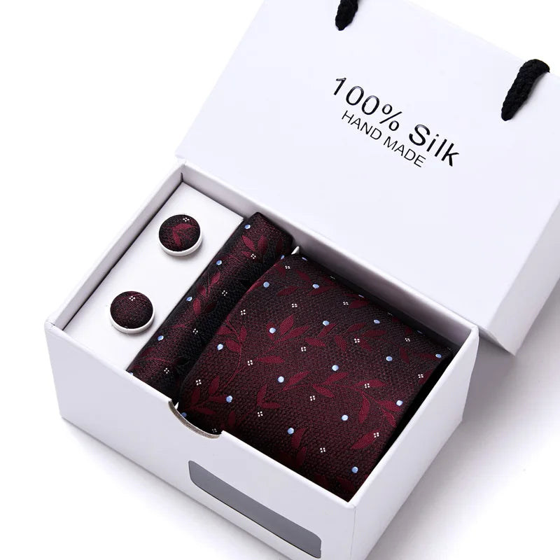 100% Silk Striped Floral Tie Set with Handkerchief | 7.5cm Men’s Luxury Necktie Gift Box for Wedding Business Party