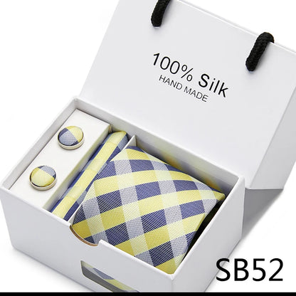 100% Silk Striped Floral Tie Set with Handkerchief | 7.5cm Men’s Luxury Necktie Gift Box for Wedding Business Party
