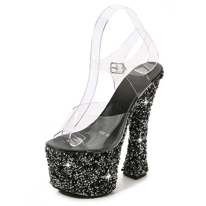 Luxe Glitter Platform Heeled Sandals Black