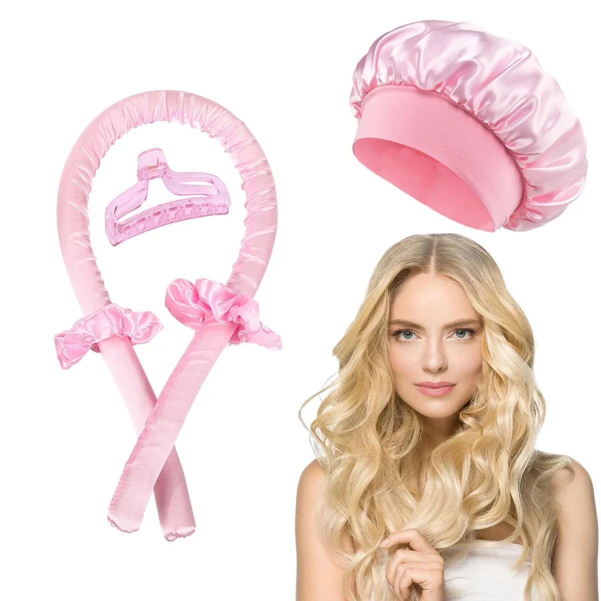 Heatless Curling Rod Headband | No-Heat Sleeping Curler Pink with cap