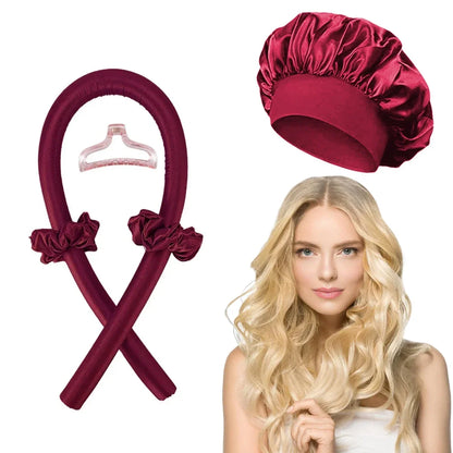 Heatless Curling Rod Headband | No-Heat Sleeping Curler Wine Red with cap