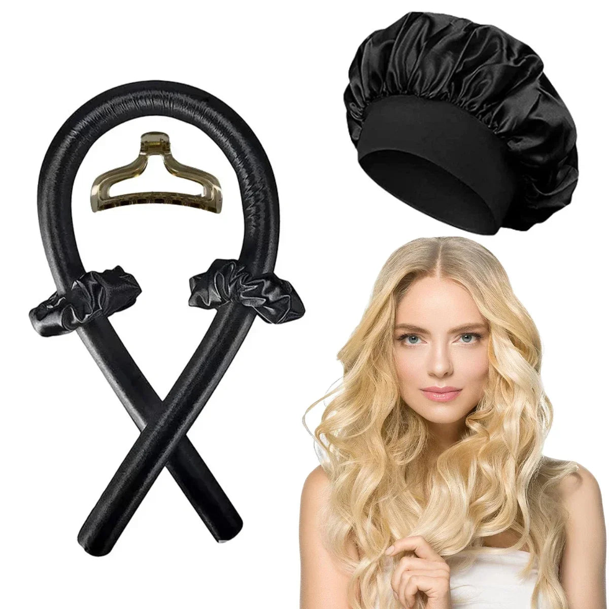Heatless Curling Rod Headband | No-Heat Sleeping Curler Black with cap