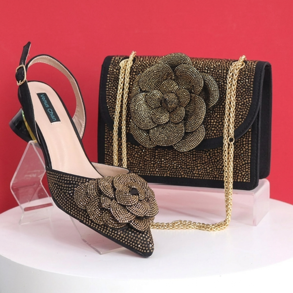 Peach Elegant Lady Shoes and Bag Set BLACK