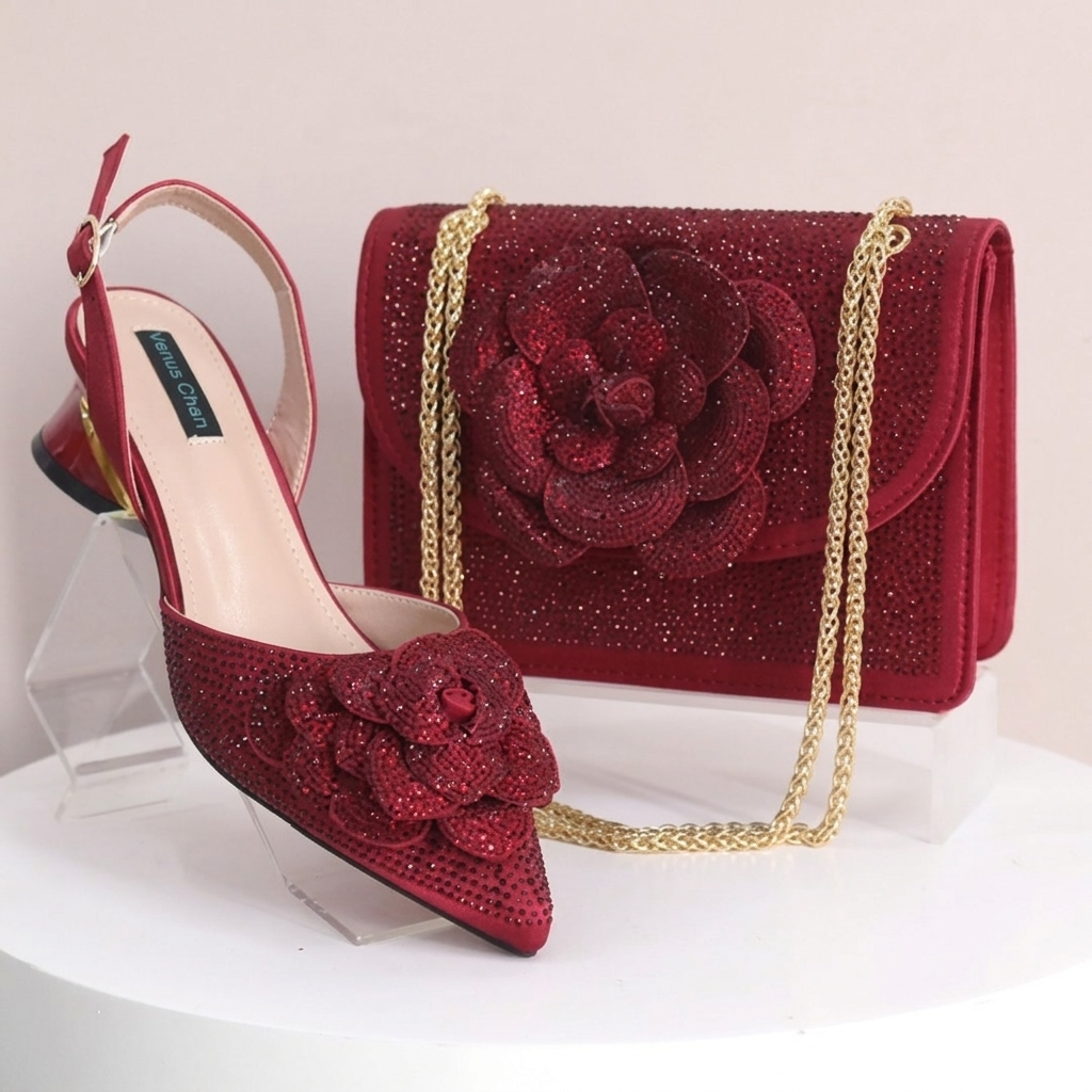 Peach Elegant Lady Shoes and Bag Set RED