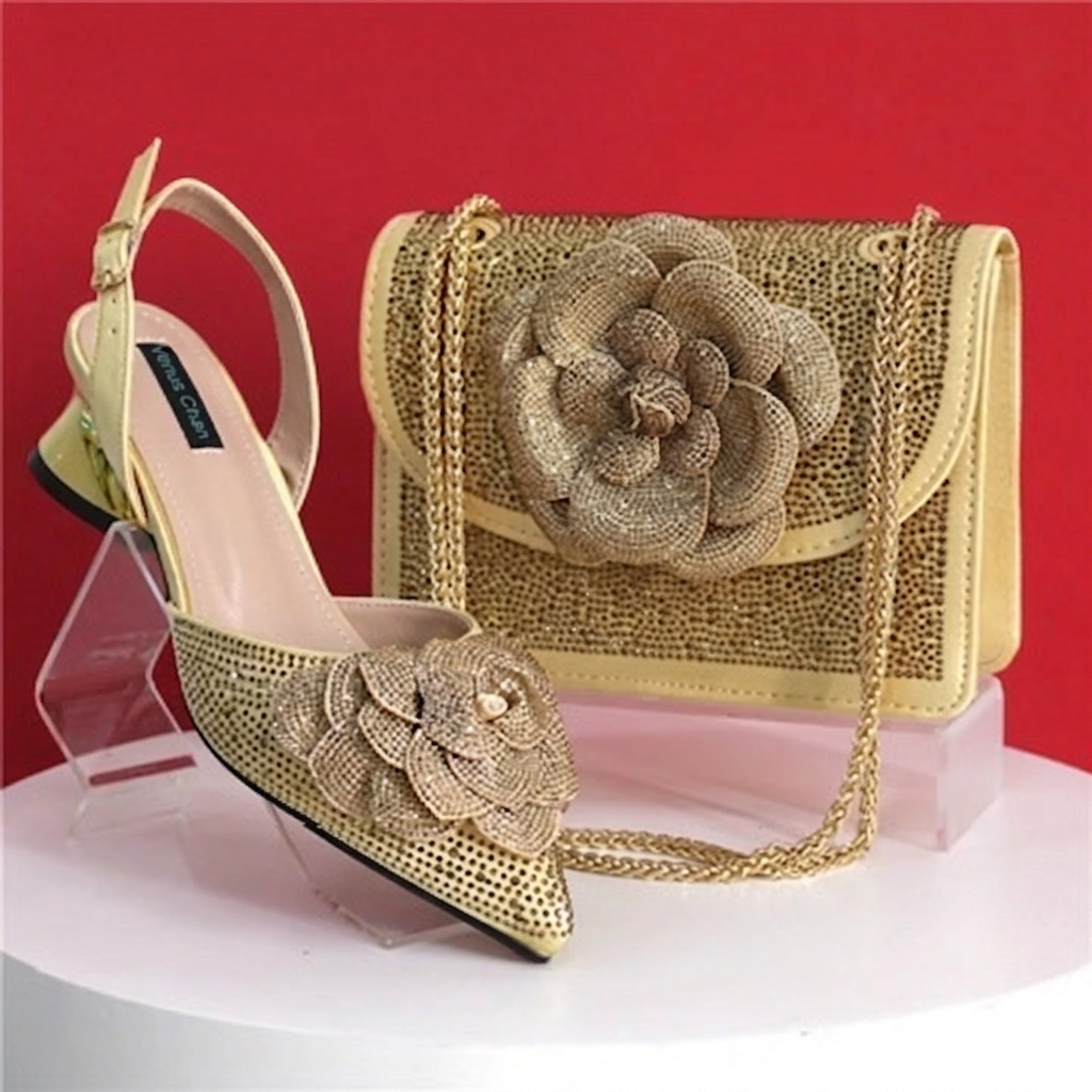 Peach Elegant Lady Shoes and Bag Set GOLDEN