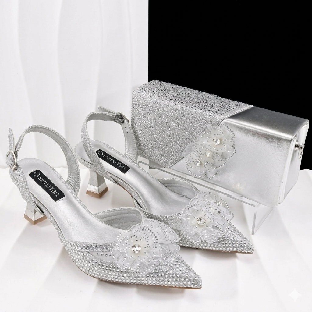 Maison Novaire African-Inspired Evening Shoe and Clutch Set SILVER