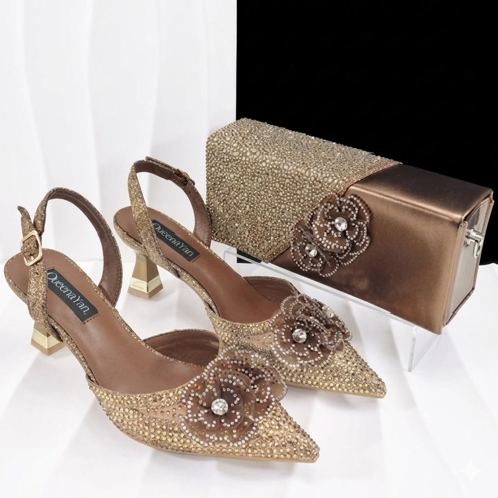 Maison Novaire African-Inspired Evening Shoe and Clutch Set COFFEE