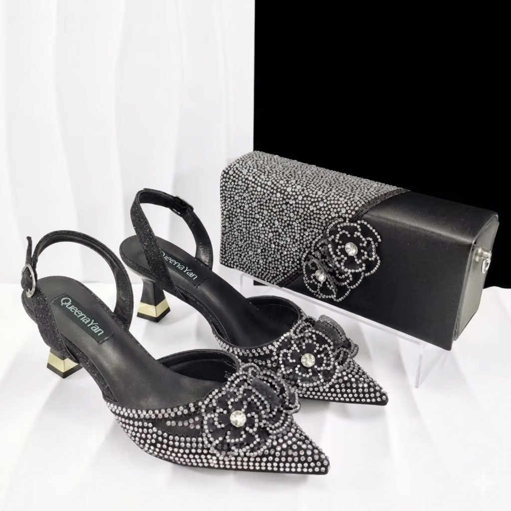 Maison Novaire African-Inspired Evening Shoe and Clutch Set BLACK