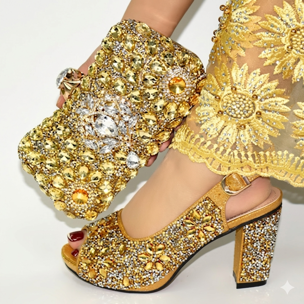 Italian Party Pumps and Matching Bag Set Gold