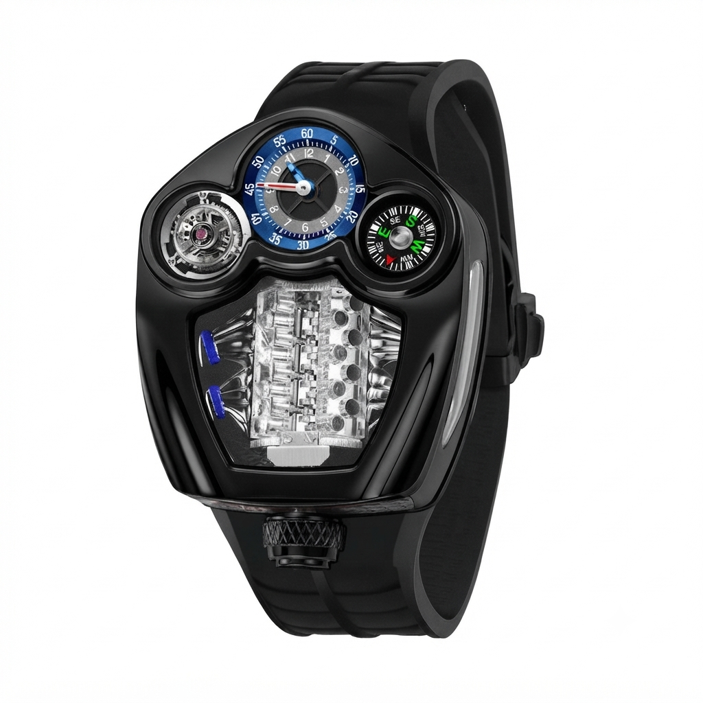 PINDU Engine Series Quartz Watch for Men | Luxury Stainless Steel Compass Watch  - black - Maison Novaire