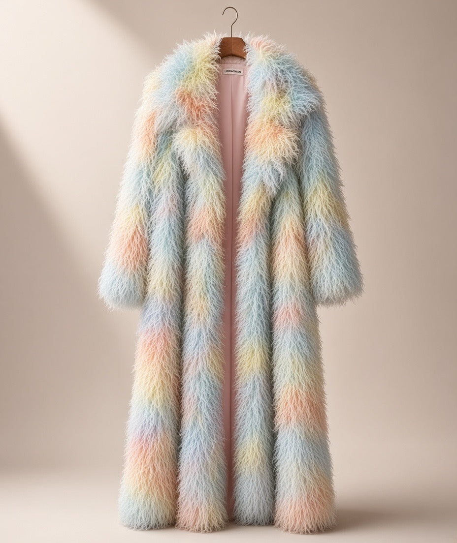 Premium White Faux Fur Maxi Coat  - Yellow Blue / S - Maison Novaire